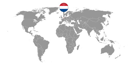 Pin map with Netherlands flag on world map. Vector illustration.