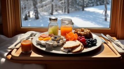 breakfast tray with food in front of the winter window