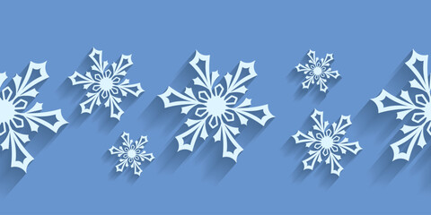 Winter seamless pattern with paper cut snowflakes. Christmas design 3D illustration on blue colored background for presentation, banner, cover, web, flyer, card, sale, poster and social media.	