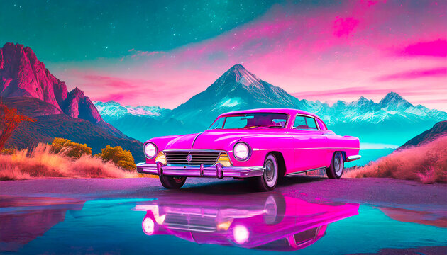 Pink vintage car on the road with mountains background