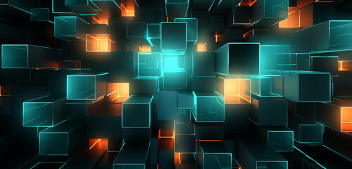 Neon light design showcasing a collection of orange and teal geometric blocks on a 3D background
