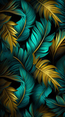 Dynamic neon light design with a cascade of turquoise and gold tropical leaves on a rainforest 3D surface