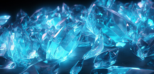 Neon light design showcasing a collection of turquoise and silver crystals on a crystal 3D background