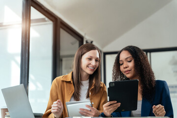 Diversity, business team showing hand and smiling team of colleagues making good business discussion in modern coworking office concept teamwork people.