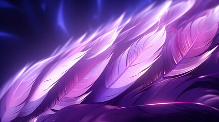 Neon light design showcasing a series of purple and white feathers on a soft 3D background
