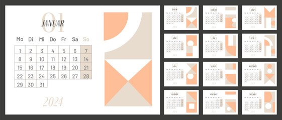 2024 calendar vector design template, simple and clean design. Calendar in German. The week starts on Monday. - obrazy, fototapety, plakaty
