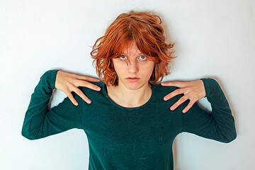 teenage girl with red hair put her hands on her shoulders