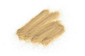 A small pile of sea sand lies on a white isolated background.