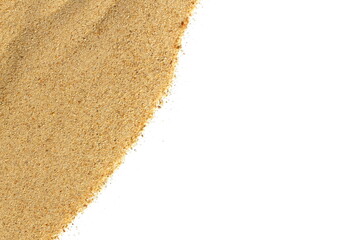 A small pile of sea sand lies on a white isolated background.