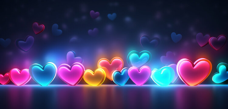 Neon light design showcasing a spectrum of rainbow hearts on a loving 3D background