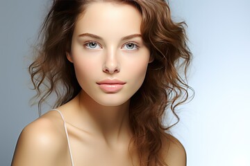 Naklejka premium white isolated face woman natural Attractive fashion beauty beautiful girl female skin skincare young closeup adult fashionable portrait wellness well-being good facial complexion human sexy