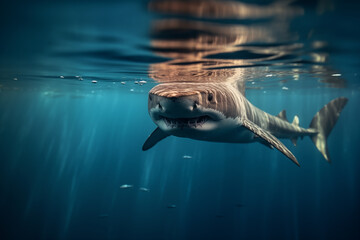 A shark swimming just below the surface of the sea - obrazy, fototapety, plakaty