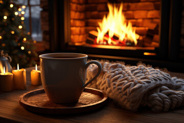 A cozy fireplace scene, complete with shared stories and mugs of hot cocoa, embodying the coziness of love. Generative Ai.