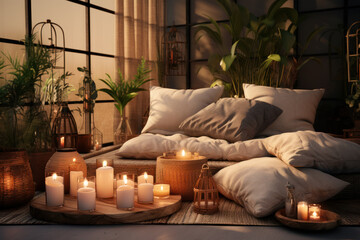 A quiet meditation room adorned with soft cushions and flickering candles, promoting inner peace and mindfulness. Generative Ai.