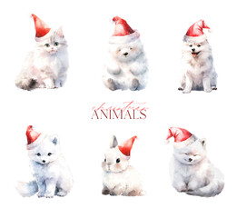 Watercolor christmas animals set with Santa Claus hat - 692976410