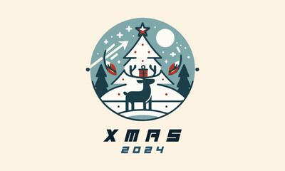 Christmas Landscape, Tree, Flat Minimal Design, Logo, Illustration 