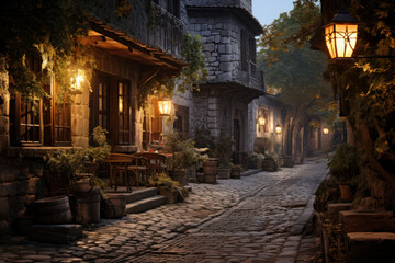 Fototapeta na wymiar A quiet alley in a historic town, where cobblestone streets and antique lanterns create an atmosphere of tranquil nostalgia. Generative Ai.