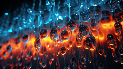 Neon light graffiti featuring a lattice of orange and blue water droplets on a rainy 3D background - obrazy, fototapety, plakaty