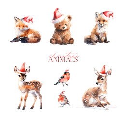 Watercolor Cute reindeer, brown bear, orange fox, bullfinch, robin bird with Santa Claus hat