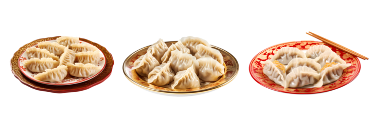 Chinese New Year Dumplings on chinese pattern plate, isolated on white background
