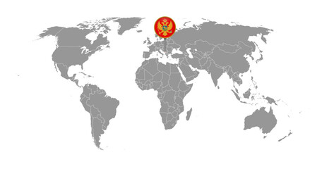 Fototapeta na wymiar Pin map with Montenegro flag on world map. Vector illustration.