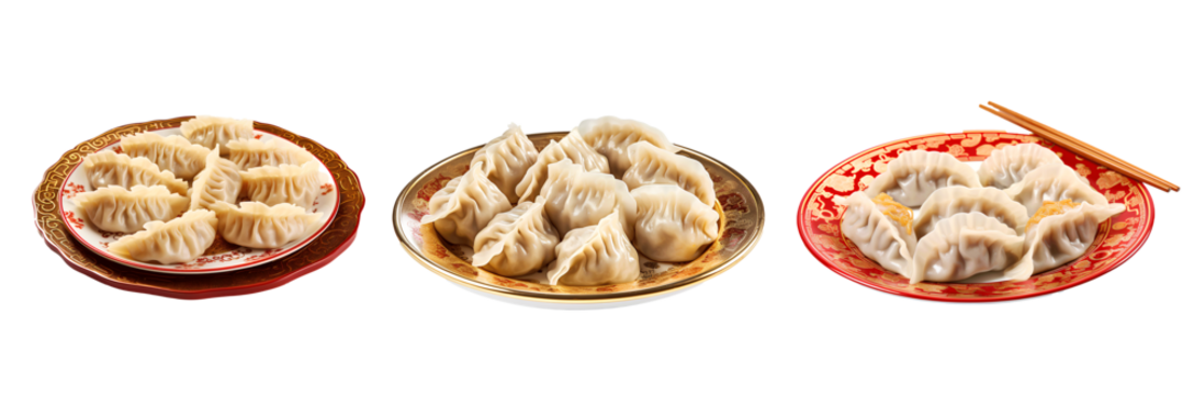 Chinese New Year Dumplings on chinese pattern plate, isolated on white background - Powered by Adobe