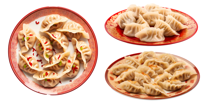 Chinese New Year Dumplings on chinese pattern plate, isolated on white background - Powered by Adobe