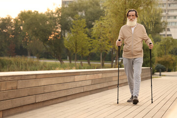 Senior man performing Nordic walking outdoors, space for text