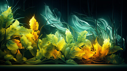 Neon light graffiti featuring a network of yellow and green leaves on a natural 3D background