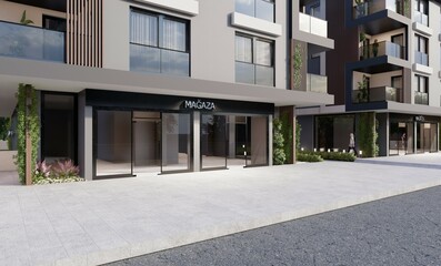 3D Render of  shop under 2 Blocks Apartment Building with Wood and Plant Detail in Facade. 