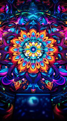 Vibrant neon light graffiti with abstract, multicolored mandalas on a spiritual 3D surface