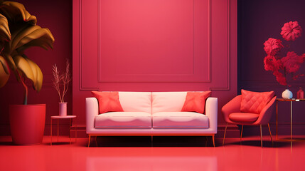 Pink cushioned sofa pillows armchairs red wall background. Interior design classic furniture concept. Banner with copy space