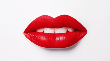 Obraz premium Closeup of lips with red lipstick. White background. Aesthetic makeup concept. Generative AI