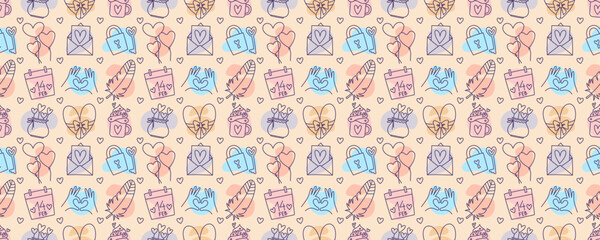Valentines Day doodle style candy color seamless pattern, hand-drawn love theme icons cute background. Romantic mood collection.