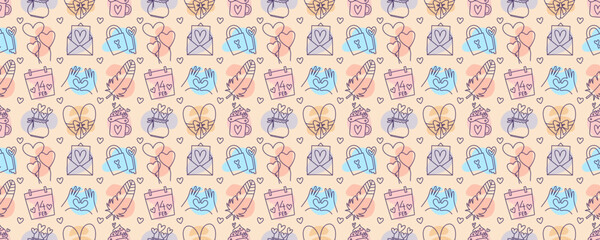Valentines Day doodle style candy color seamless pattern, hand-drawn love theme icons cute background. Romantic mood collection.