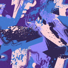 Seamless abstract urban geometric pattern with curved elements, grunge splatters