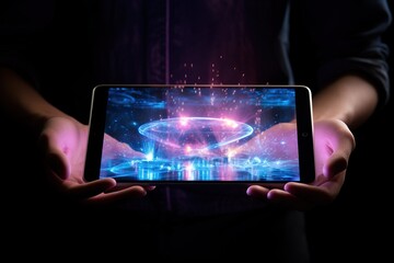 Hands holding hologram tablet