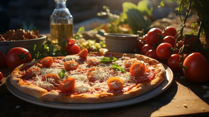 A delicious and tasty Italian pizza with tomatoes and mozzarella on a beautifully served table - obrazy, fototapety, plakaty