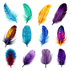 Collection of colorful feathers isolated on transparent background Generative AI	