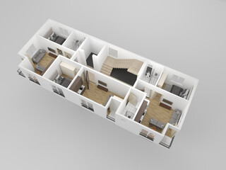 3d plan of apartment with furniture and white walls, 3d render, illustration. Perspective view.