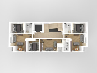3d plan of apartment with furniture and white walls, 3d render, illustration. Perspective view.