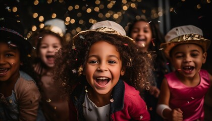 Cheerful diverse children having kid's Happy Birthday party with confetti and shimmering glitter birthday hats - Powered by Adobe