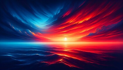 Gradient color background image with a fiery sunset over the ocean theme, featuring a blend of intense reds, oranges, and deep blues, capturing the dr - obrazy, fototapety, plakaty