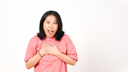 Fototapeta premium Young asian woman wearing pink t-shirt with surprised expression
