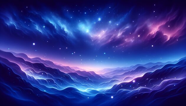 Gradient color background image with a mystical starry night theme, featuring a blend of deep space blues and purples with twinkling star-like whites,