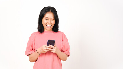 Young Asian woman using smart phone isolated on white background with copy space.