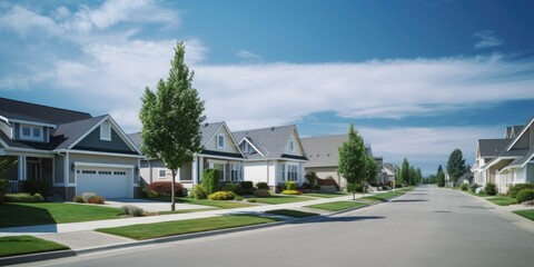 Picturesque Single Story Home in a Suburban Neighborhood with Skyline in the Background - obrazy, fototapety, plakaty