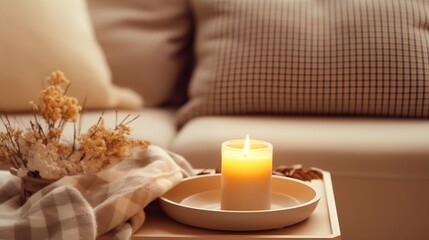 Obraz na płótnie Canvas Modern winter hygge Christmas set in living room. pastel beige light interior elements, soft pillows, plaid on sofa with burning aroma candle