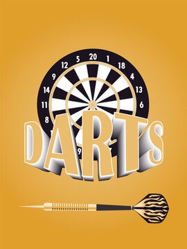 Color vector illustration with the image of a board, a dart for playing darts and text for the design of labels, posters, interiors in the style of sports and leisure.