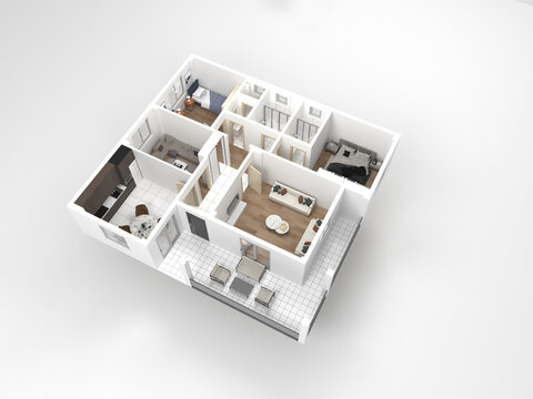 3d plan of villa with furniture and white walls, 3d render, illustration. Perspective view.